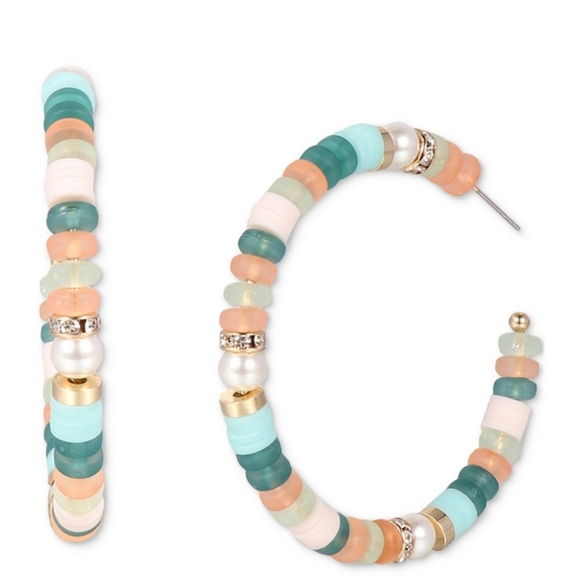 Beaded Hoop Earrings Multi Color Pastel Beads Pearl Accents Gold Tone - Picture 2 of 3